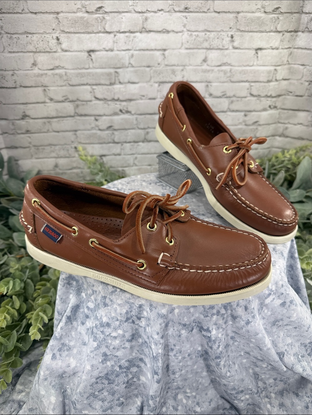 SEBAGO DOCKSIDES “Portland” Cognac Waxed Leather Classic Boat Shoe Mens 7.5W EUC